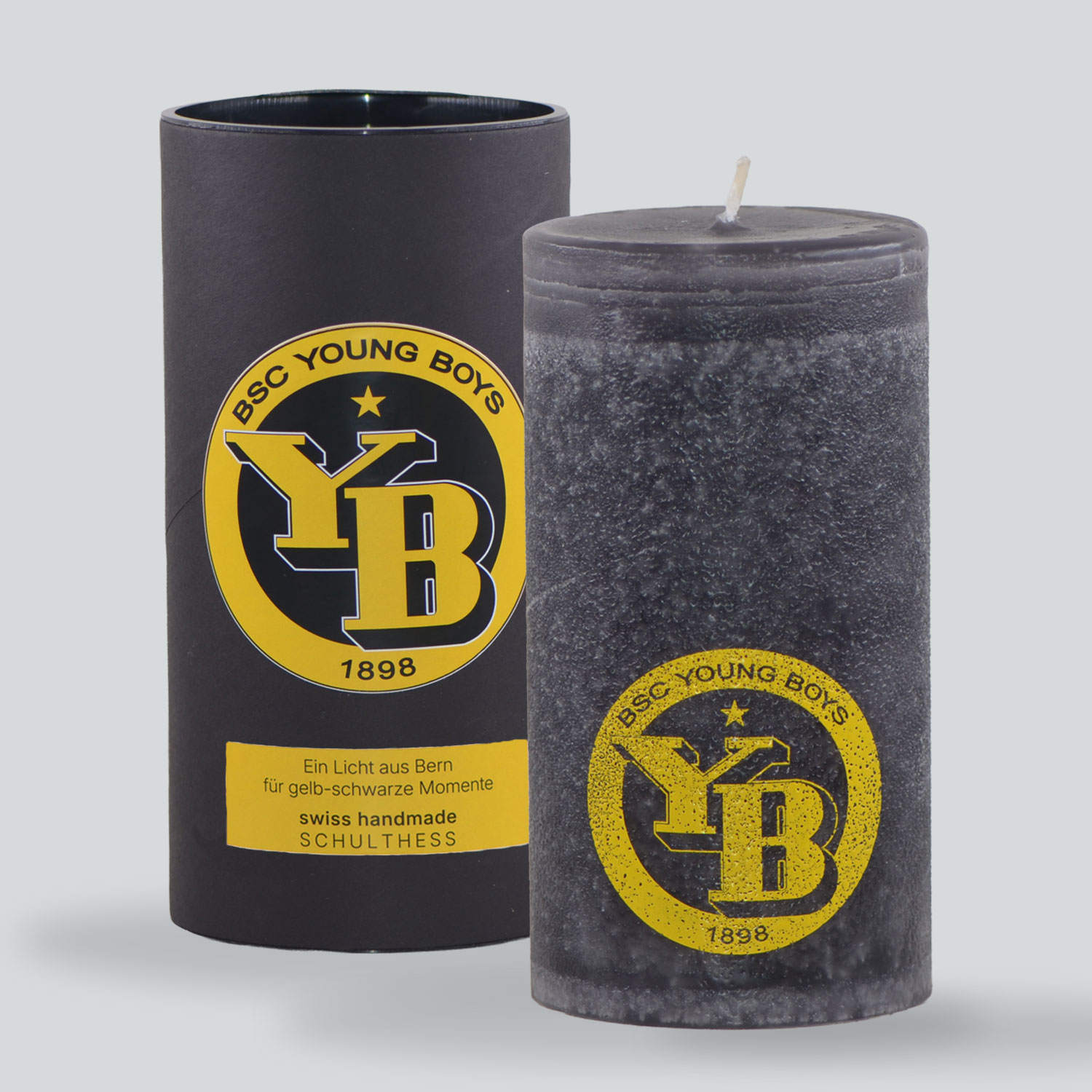 YB Fankerze in schwarz mit gelben Logodruck. Kerze ohne Duft